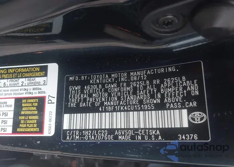 2012 Toyota Camry Se из США, поврежденный, VIN 4T1BF1FK4CU151955